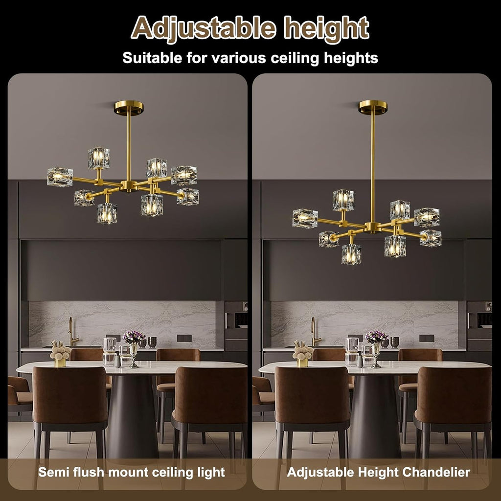 Modern Sputnik Crystal Kitchen Chandelier - Luxury Elegant 8 Light Gold Brushed Brass Chandeliers - Adjustable Height Pendant Lighting Ceiling Fixture for Dining Room Living Room Island Table Bedroom