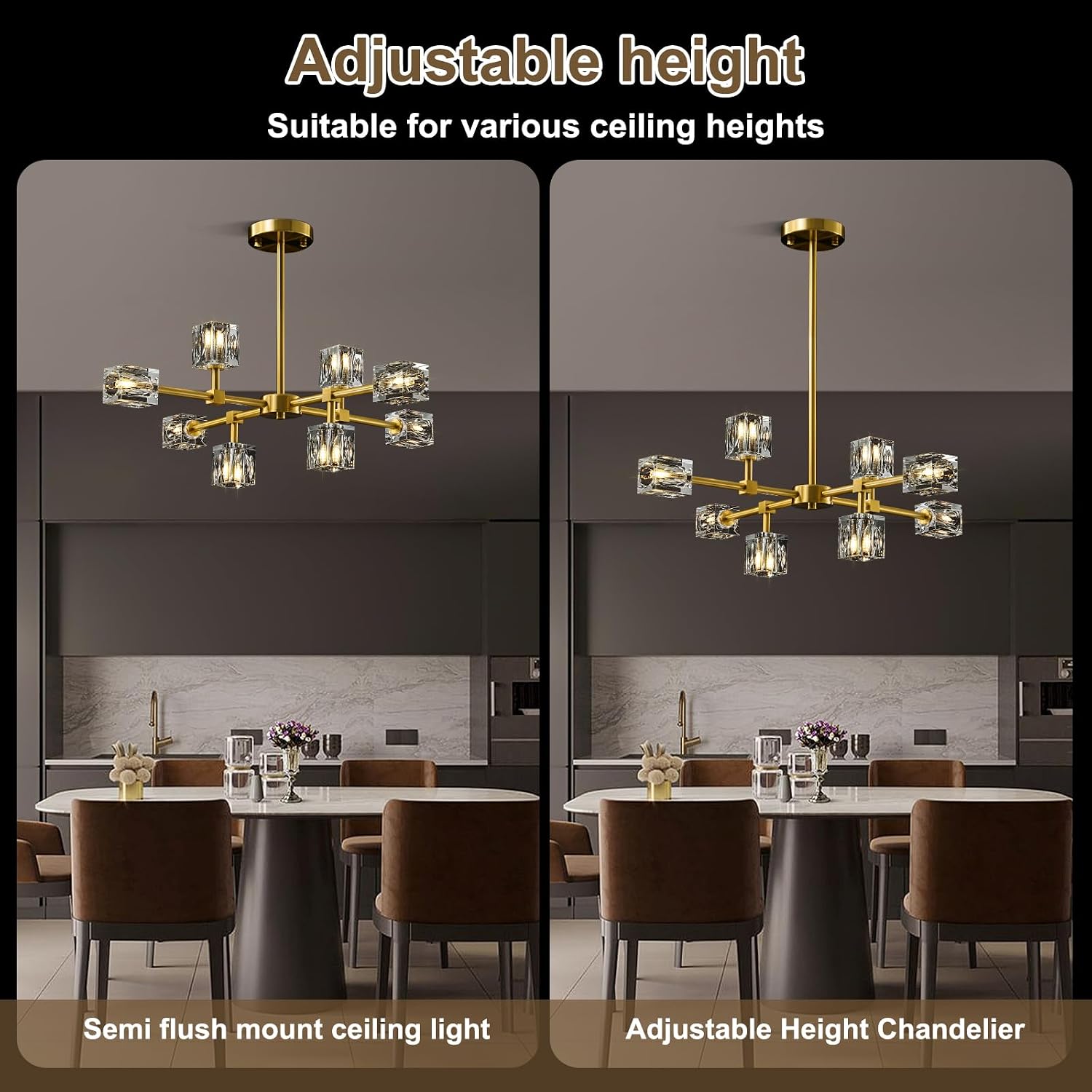 Modern Sputnik Crystal Kitchen Chandelier - Luxury Elegant 8 Light Gold Brushed Brass Chandeliers - Adjustable Height Pendant Lighting Ceiling Fixture for Dining Room Living Room Island Table Bedroom