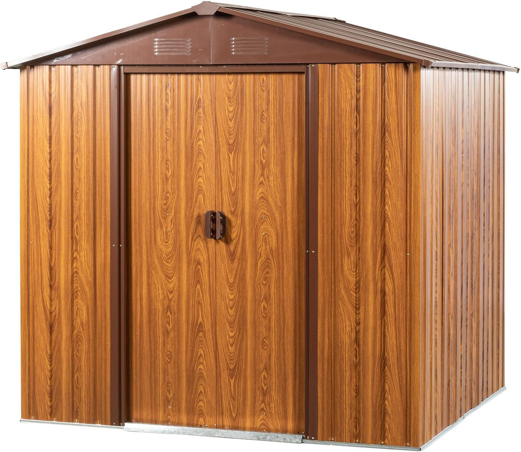 CHUNLY 6' x 5.5' Outdoor Metal Storage Shed with 2 Double Hinged Door & Floor Base, Tool Shed Woodgrain Outdoor Storage Lockable Garden Shed Storage Room for Patio Backyard Lawn Brown
