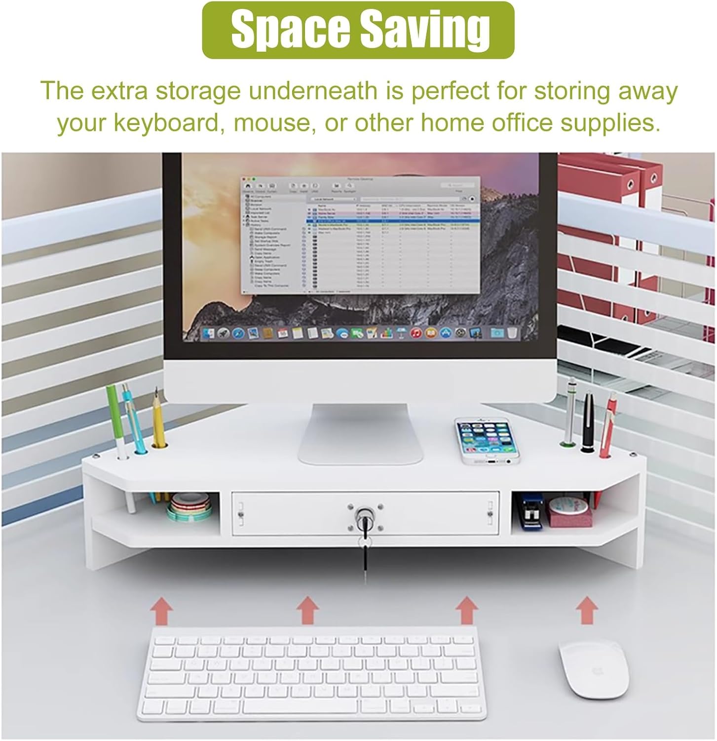 White Triangular Monitor Stand with Drawer 2-Tier Wooden DeskAdjustable Computer Riser for Home Office Space-Saving Desk Storage Solution.