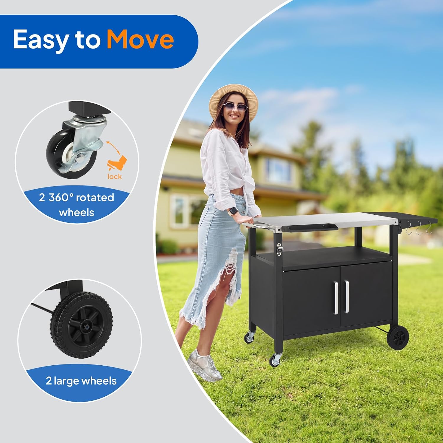 ROVSUN Gourmet Grill Cart with Storage, Movable Grill Table with Wheels, Hooks and Spice Rack, Stainless Steel Top & Storage Cabinet, Pizza Oven Cart for Camping, Tailgating, and Outdoor Cooking