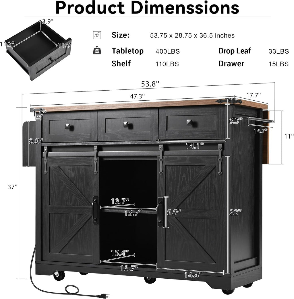 53.7' Farmhouse Kitchen Island with Power Outlet, 2 Sliding Barn Door Kitchen Storage Island with Drop Leaf, Spice Rack Rolling Kitchen Cart on Wheels, for Home, Kitchen and Dining Room, Black