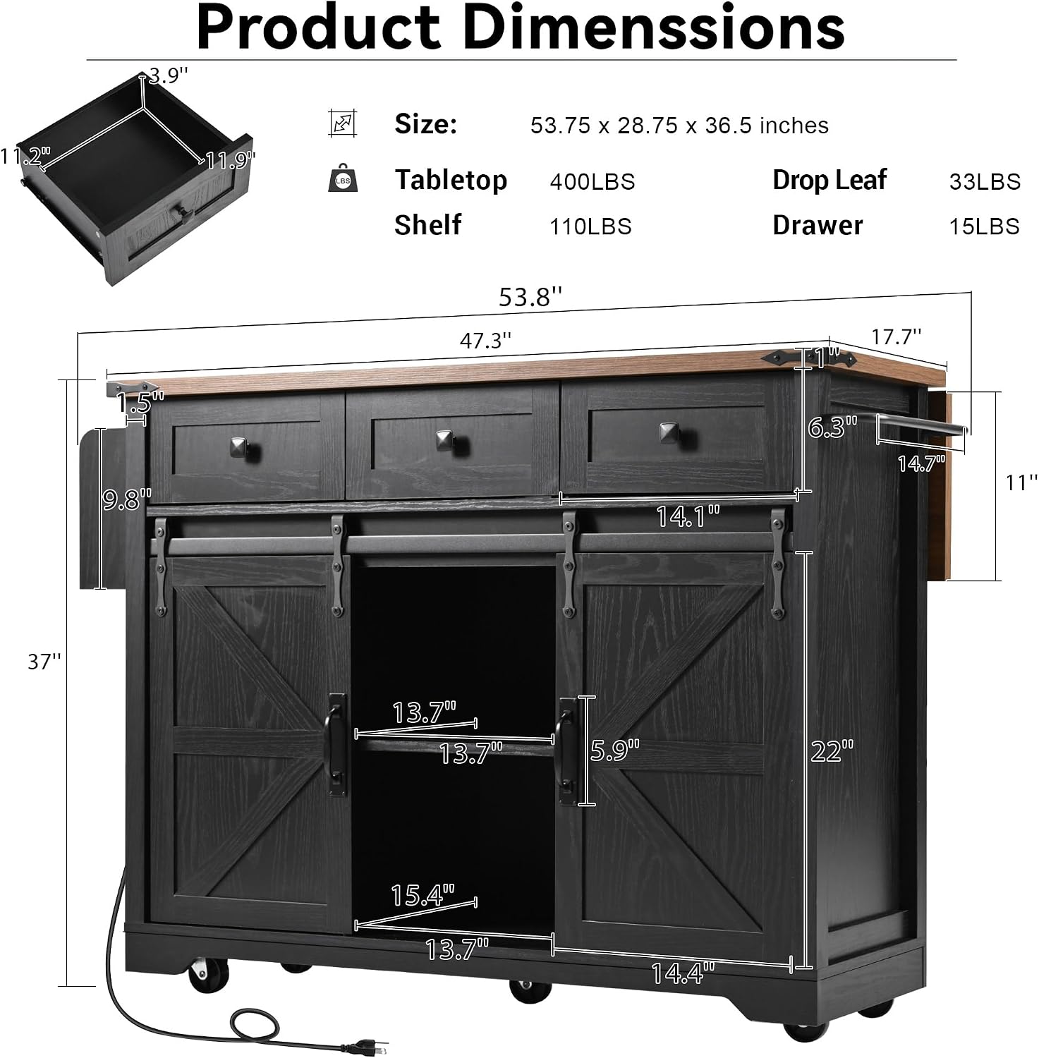 53.7' Farmhouse Kitchen Island with Power Outlet, 2 Sliding Barn Door Kitchen Storage Island with Drop Leaf, Spice Rack Rolling Kitchen Cart on Wheels, for Home, Kitchen and Dining Room, Black