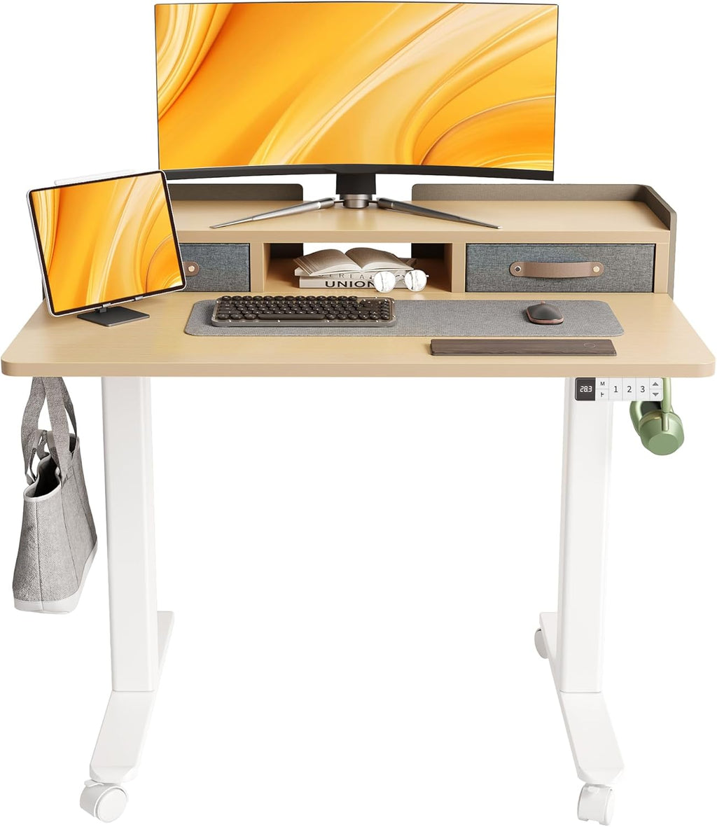 Claiks Standing Desk with Drawers, Adjustable Stand Up Electric Small Standing Desk Adjustable Height with Storage Shelf and Splice Board, 40 Inch, Natural
