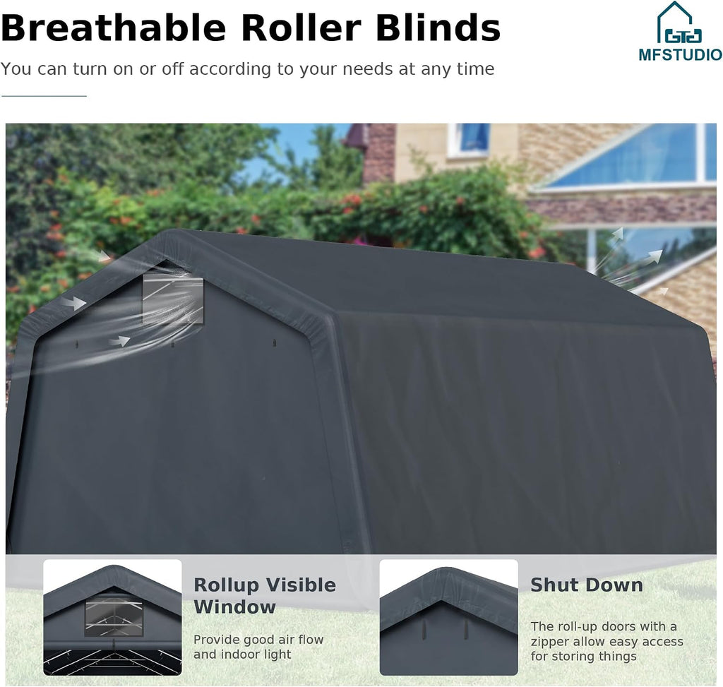 MFSTUDIO 13x22 Heavy Duty Carport, Outdoor Shades Portable Storage Shelter Garage with Rolled up Zipper Doors, Extra Large Car Canopy Tent with Roll-up Sidewalls for Boat Truck Party