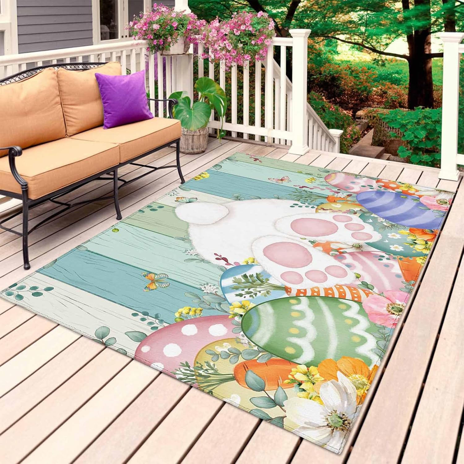 Cute Easter Bunny Outdoor Rug for Patio/Deck/Porch, Non-Slip Large Area Rug 6 x 9 Ft, Eucalyptus Leaves Colorful Eggs Wooden Indoor Outdoor Rugs Washable Area Rugs, Camping Rug Carpet Runner