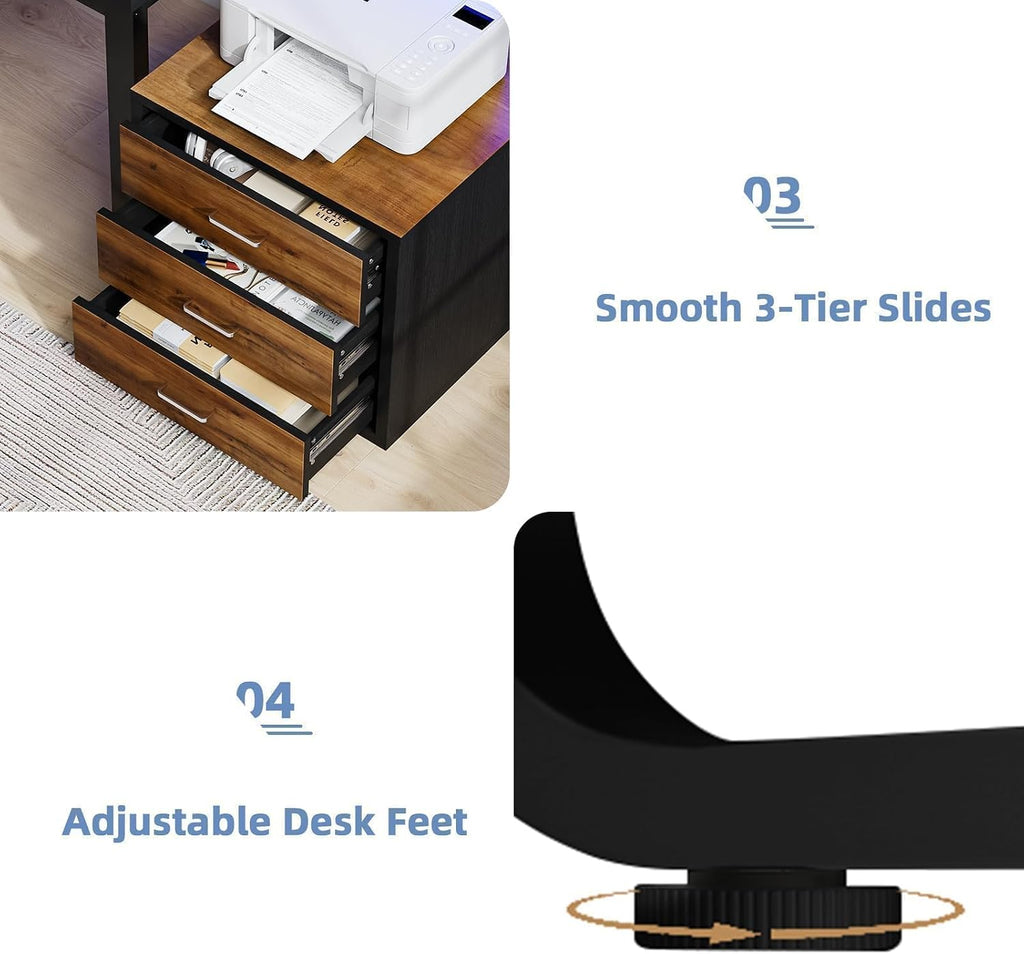 MaverickFurni 67'' Computer Desk with Drawers, Black Desk with Storage and Monitor Stand, Home Office Desk with Printer Shelf and LED Lights, Black and Walnut