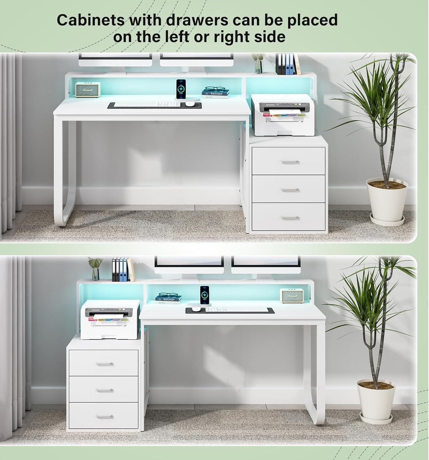 HOMBCK 67' Computer Desk with 3 Drawers, Home Office Desk with Long Monitor Stand and Printer Space, Office Desk with Storage & LED Lights, Writing Desk with Drawers, White