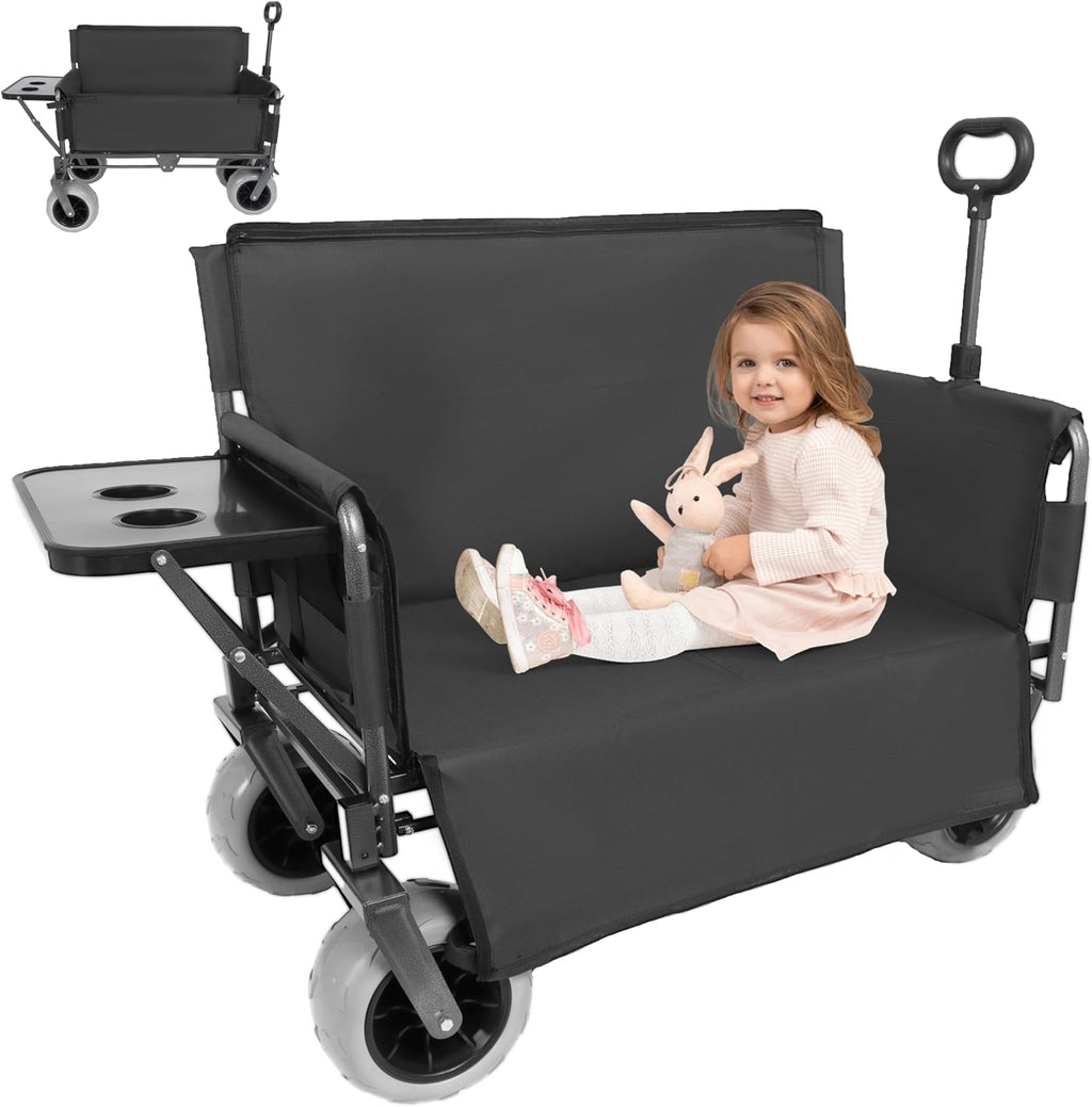 3-in-1 Folding Wagon with Bench Seat – 500lbs Capacity,Reinforced Carbon Steel Frame, 180L Cargo Space– Perfect for Camping, Beach, Outdoor Events & Heavy-Duty Hauling (Black + Cup Holder)