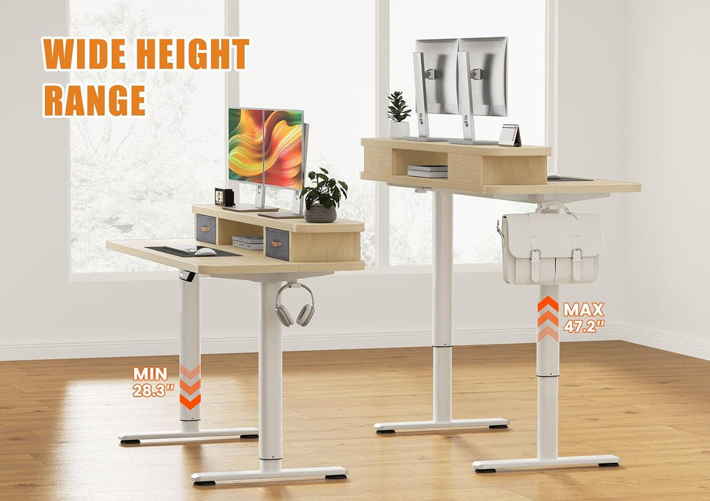 Flycity Electric Standing Desk with Dual Drawers, 55' x 24' Height Adjustable Desk Sit Stand Desk with Memory Controller, Casters & 2 Hooks, Ergonomic Low Noise Home Office Desk, Maple