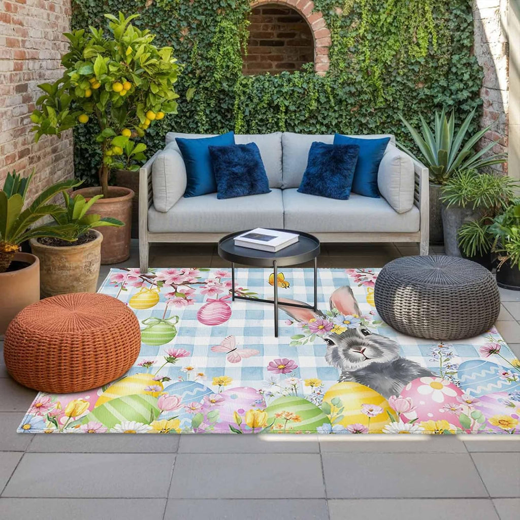 Blue Easter Outdoor Rug for Patio/Deck/Porch, Non-Slip Large Area Rug 6 x 9 Ft, Spring Watercolor Bunny Eggs Flower Plaid Indoor Outdoor Rugs Washable Area Rugs, Reversible Camping Rug Carpet Runner