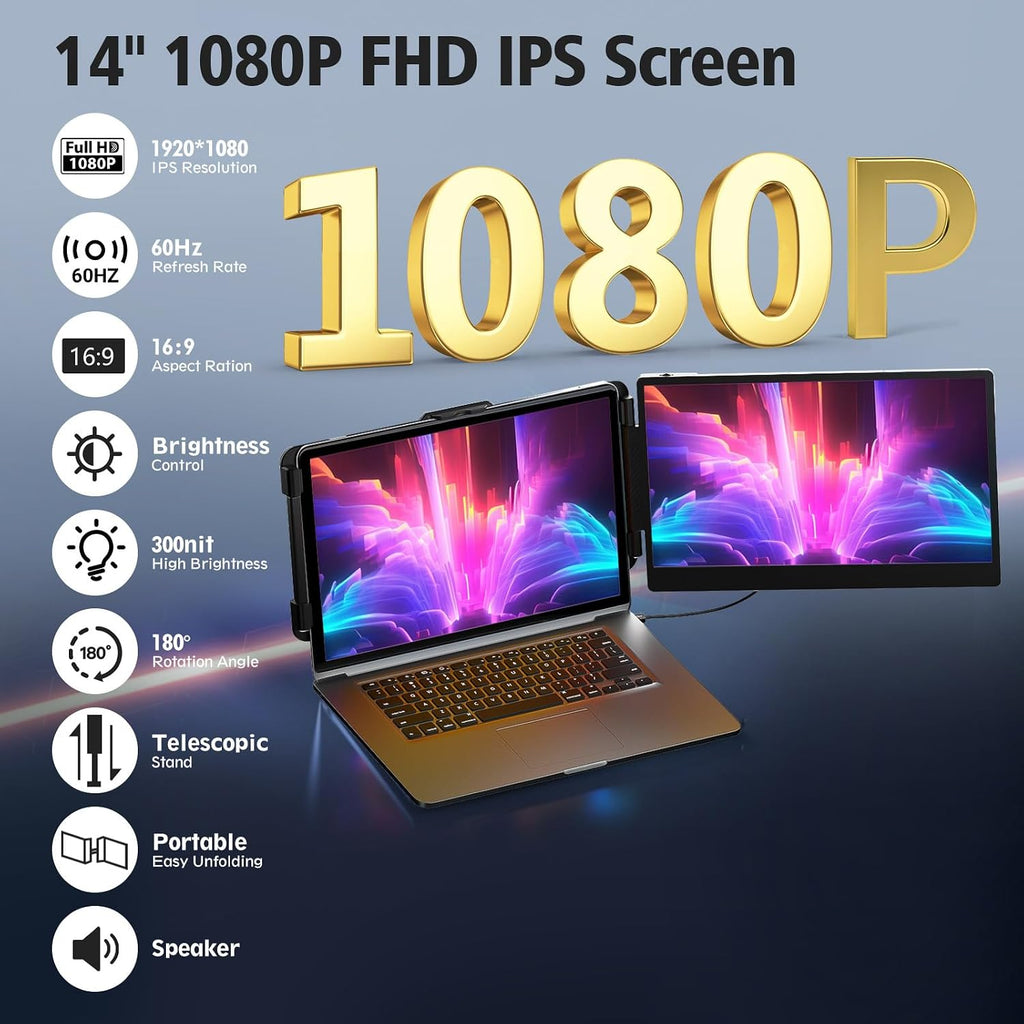 BOSII Laptop Screen Extender Monitor - 14 Inch Dual IPS FHD 1080P HDMI/USB-A/Type-C Extended Portable Monitor for Laptops (Maximum Length: 15.74') Compatible with Windows Mac Travel Work