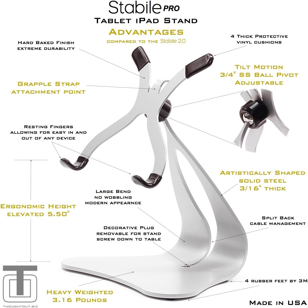 Thought Out Stabile PRO Pivoting iPad Stand - Black - Made in USA - Compatible with Apple iPad