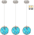 3 Pack 6' Blue Coastal Pendant Light Kitchen Island,Glass Globe Ocean Ceiling Light Fixture Beach House,Dimmable Hemp Rope Light Fixture Hanging For Bathroom Living Room Farmhouse Bedroom(Bulb Incl.