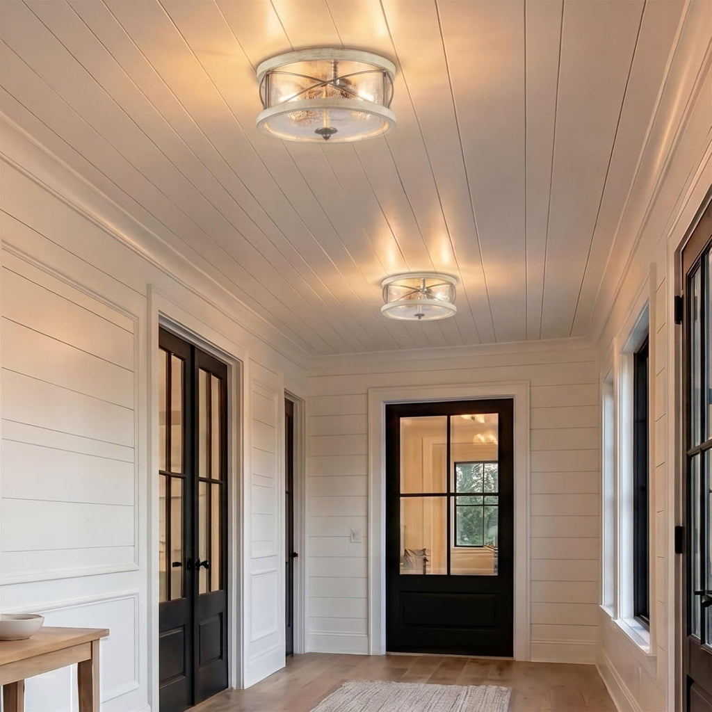 Kira Home Blaylock 13' 2-Light Farmhouse Flush Mount Ceiling Light with Hammered Glass Shade, Modern Hand-Painted Wood Grain Metal Fixture, White Ash Wood and Galvanized Steel Finish