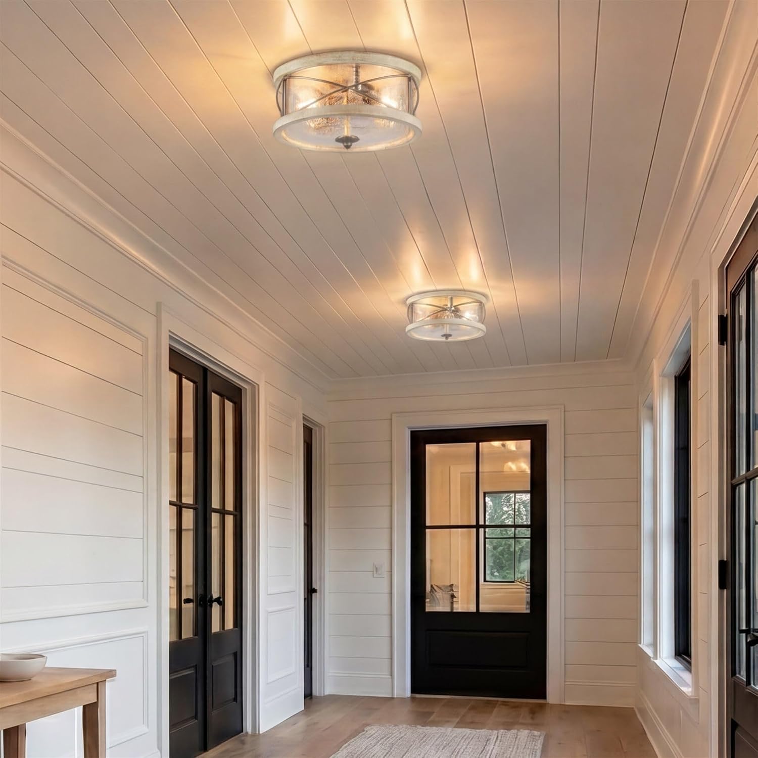 Kira Home Blaylock 13' 2-Light Farmhouse Flush Mount Ceiling Light with Hammered Glass Shade, Modern Hand-Painted Wood Grain Metal Fixture, White Ash Wood and Galvanized Steel Finish