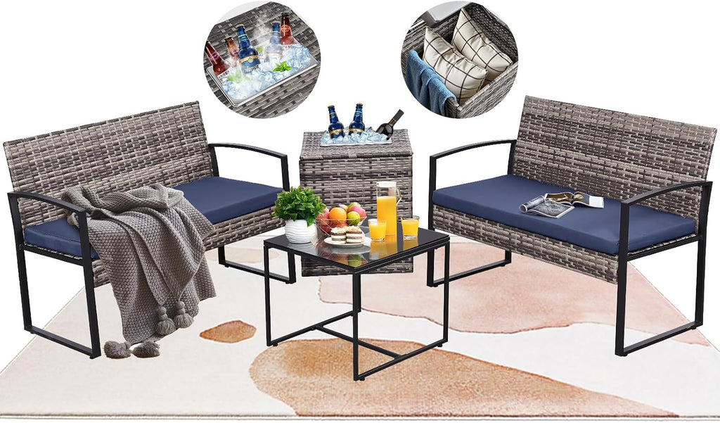 FHFO 4 Piece Outdoor Patio Furniture Set with Built-in Beverage Cooler Storage Box, Wicker Conversation Sets Patio Outdoor Loveseats & Coffee Table for Outside, Garden, Balcony, Porch, Grey/Blue
