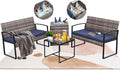FHFO 4 Piece Outdoor Patio Furniture Set with Built-in Beverage Cooler Storage Box, Wicker Conversation Sets Patio Outdoor Loveseats & Coffee Table for Outside, Garden, Balcony, Porch, Grey/Blue