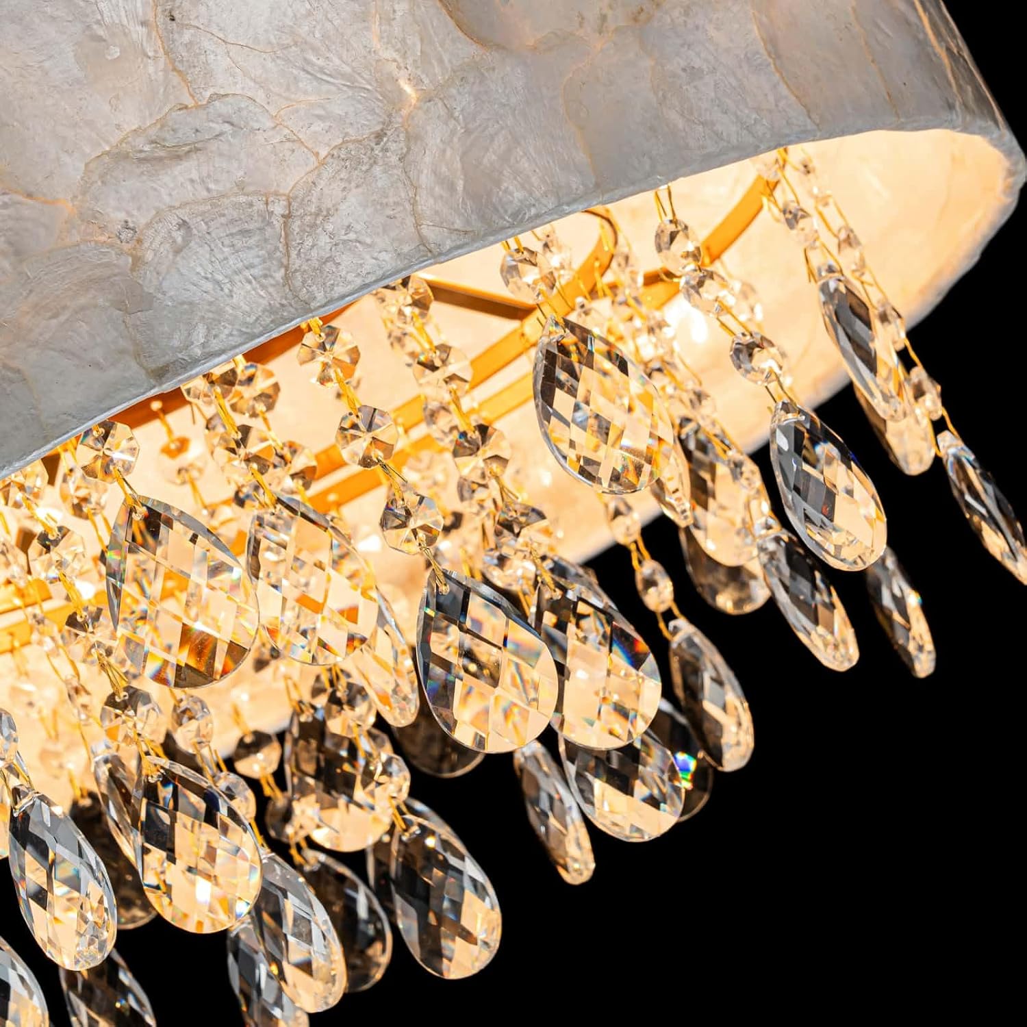 LumFurn D18in Drum Capiz Shell Crystal Chandeliers, 4-Light Coastal Style Light Fixture for Dining Room, Living Room, D18x21~68'(Adjustable), K9 Crystal, Shell Lampshade & Gold Finish