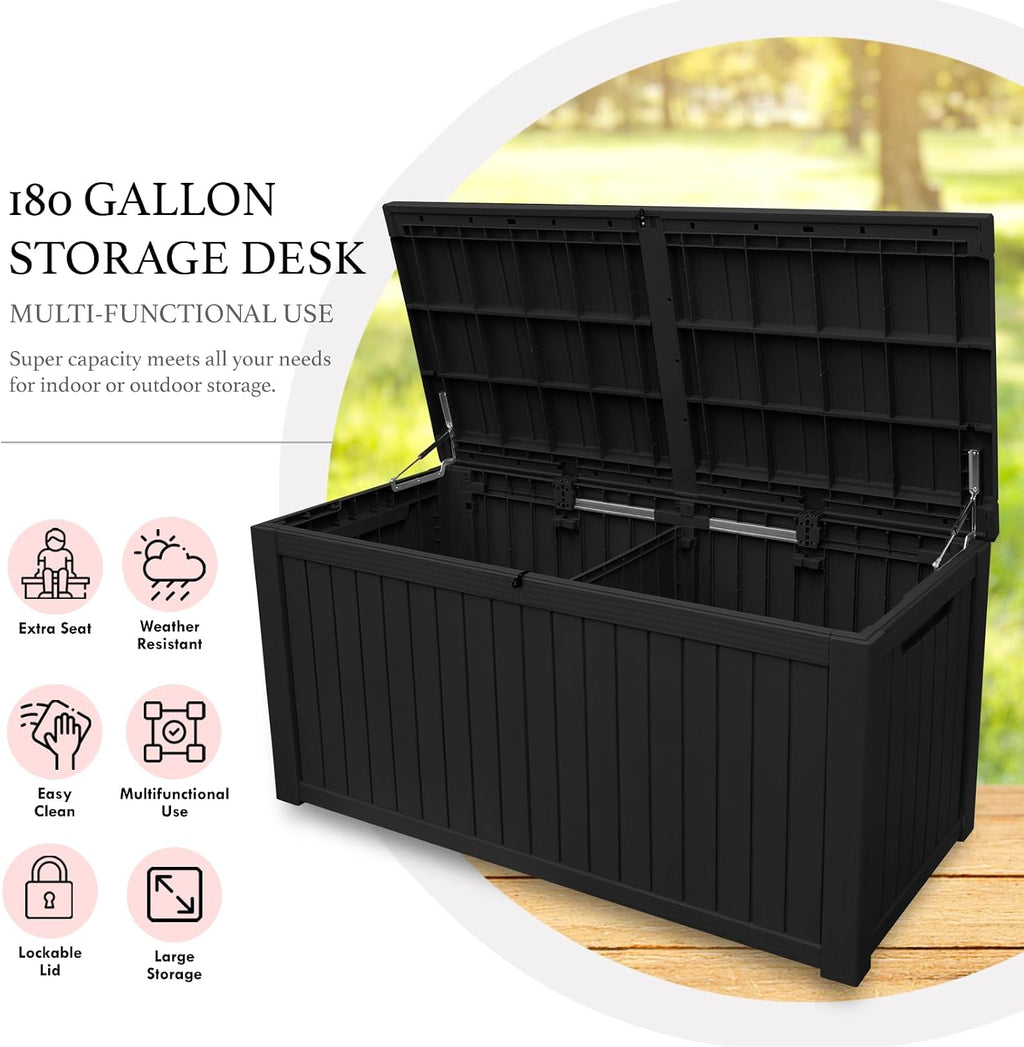 AJP Distributors Outdoor Storage Shed, Large Resin Storage Box, Waterproof and lockable, suitable for garden, patio, garage, backyard storage (Blcak, 180gal)