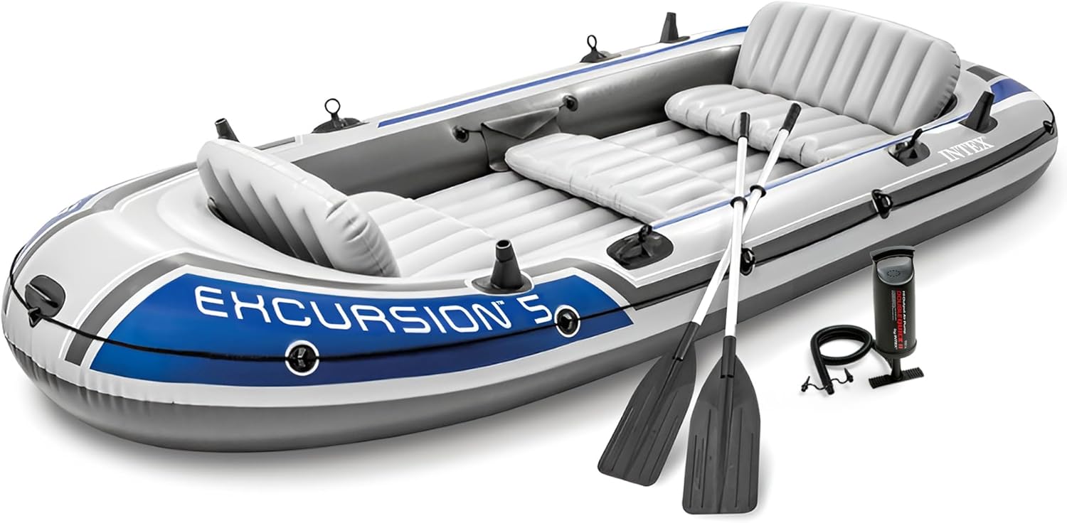 Intex Excursion 5 Person Inflatable Boat, Water Fishing River Raft Set w/ Oars - Large 1,300 Lb Capacity Portable Blow-Up 5 Seater Raft for Adults