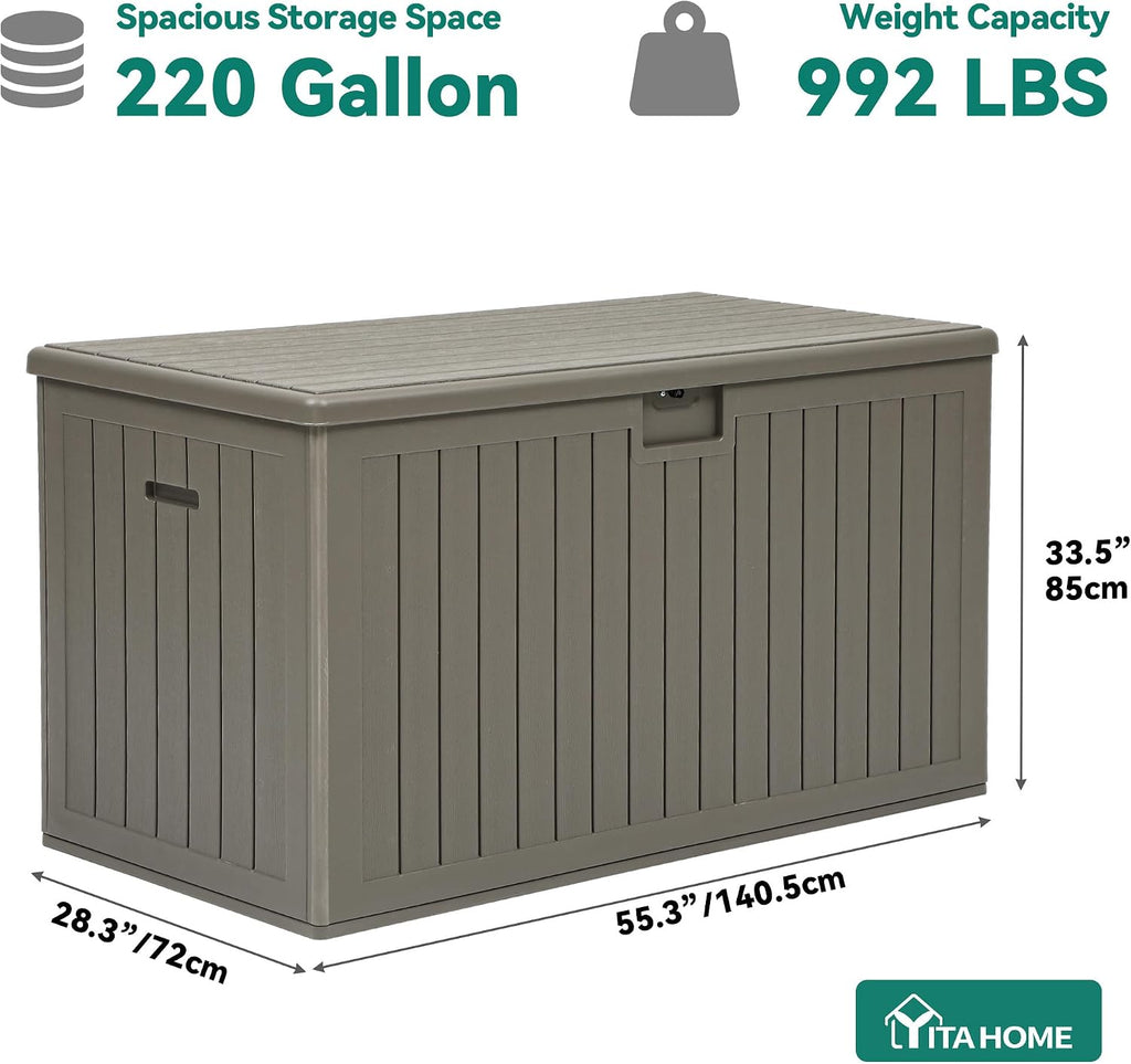 YITAHOME 220 Gallon Extra Large Deck Box, Double-Wall Resin Outdoor Storage Box with Flexible Divider for Patio Cushions Pool Supplies Garden Tools, 990 lbs Load Capacity, Lockable (Light Brown)