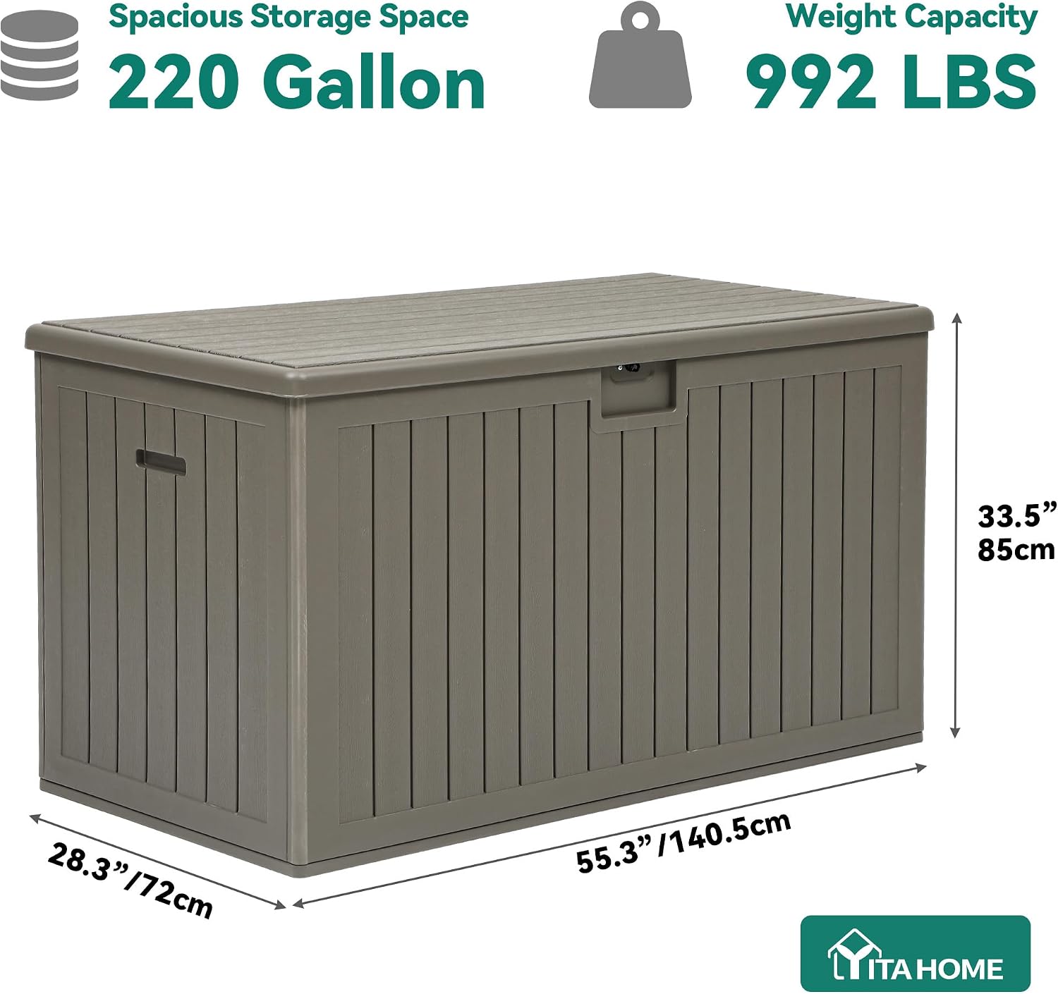 YITAHOME 220 Gallon Extra Large Deck Box, Double-Wall Resin Outdoor Storage Box with Flexible Divider for Patio Cushions Pool Supplies Garden Tools, 990 lbs Load Capacity, Lockable (Light Brown)