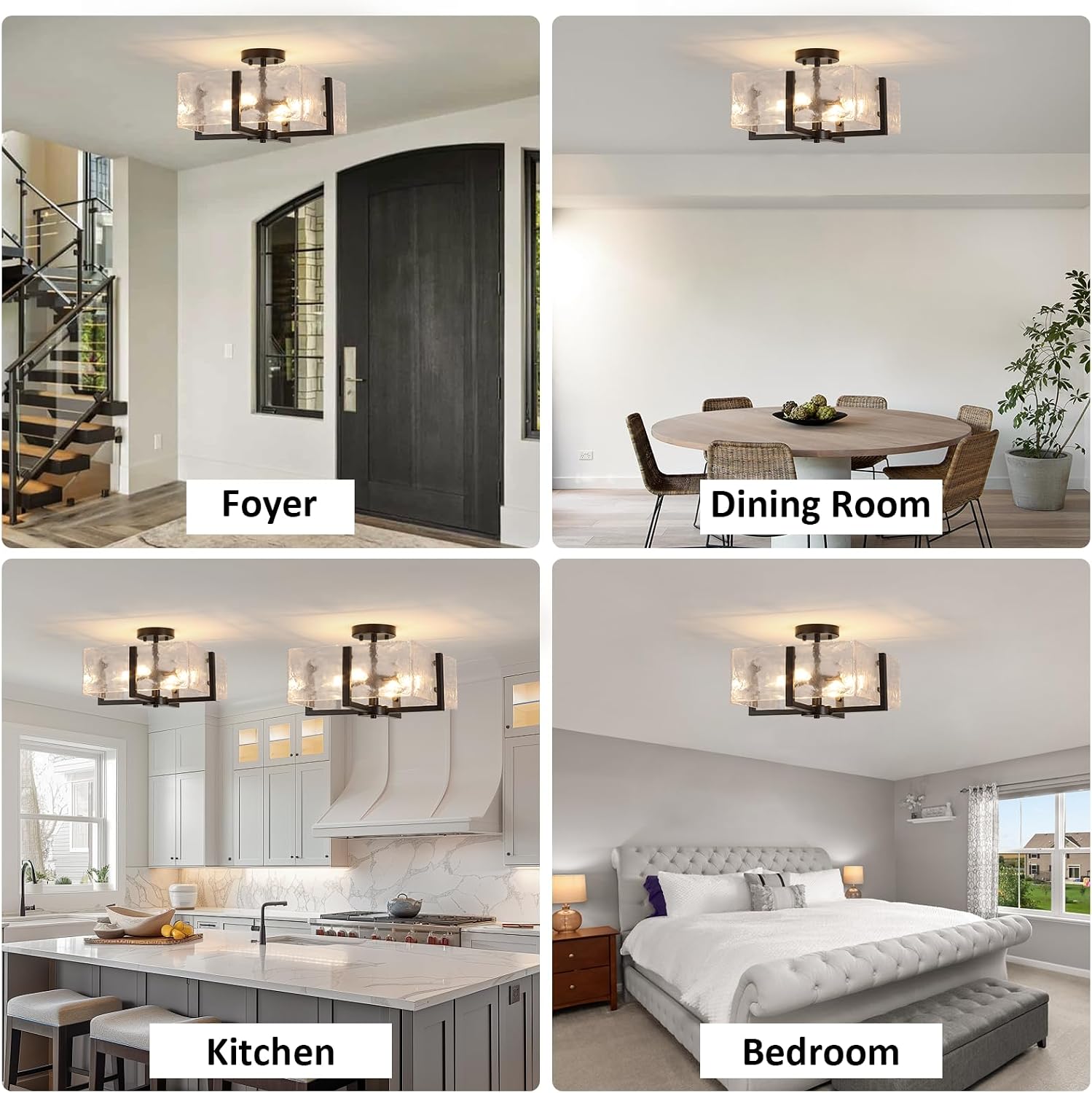 Black Semi Flush Mount Ceiling Light 4-Light Glass Light Fixtures Ceiling Mount,14.96' Modern Farmhouse Light Fixture for Foyer, Hallway, Entryway, Dining Room, Kitchen, Bedroom, Porch
