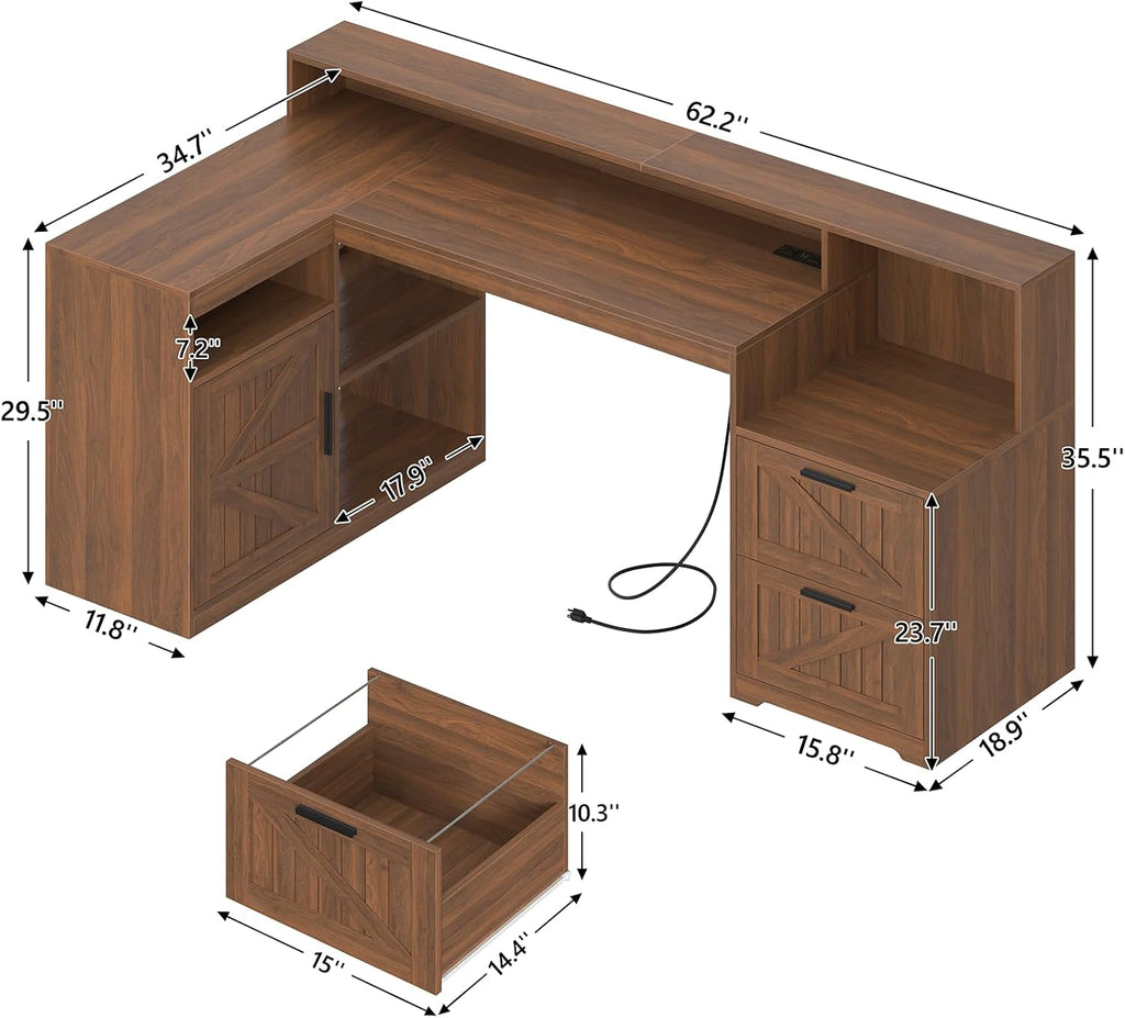 TVU Farmhouse L Shaped Desk with Drawers, 62.2' Home Office Desk with Storage Shelves and Power Outlet, L Shaped Computer Desk with Monitor Stand and Printer Shelf, Brown