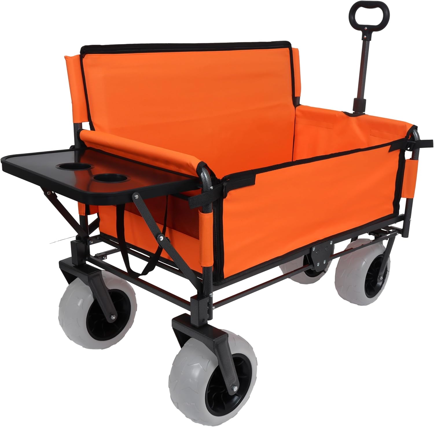 3-in-1 Folding Wagon with Bench Seat – 500lbs Capacity,Reinforced Carbon Steel Frame, 180L Cargo Space– Perfect for Camping, Beach, Outdoor Events & Heavy-Duty Hauling (Orange+ Cup Holder)