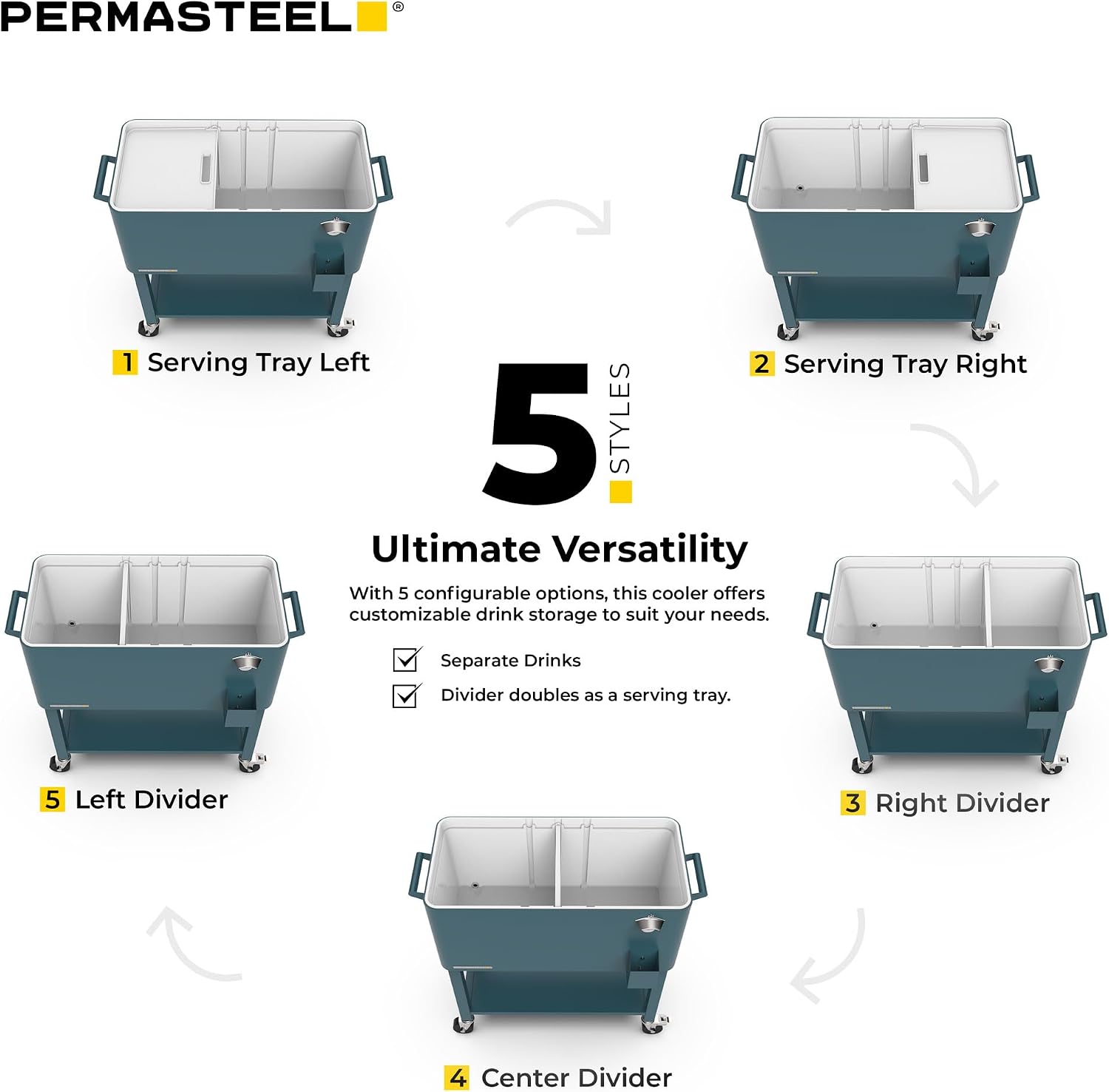 Permasteel Party Cooler with Divider, Removable Basin, Spacious 80-Qt Capacity, Chills 36hrs, Serving Tray, Rolling Ice Chest for Indoor & Outdoor