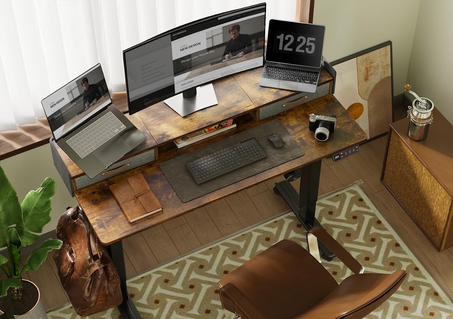 Claiks Standing Desk with Drawers, Adjustable Stand Up Electric Standing Desk Adjustable Height with Storage Shelf and Splice Board, 63 Inch, Rustic Brown