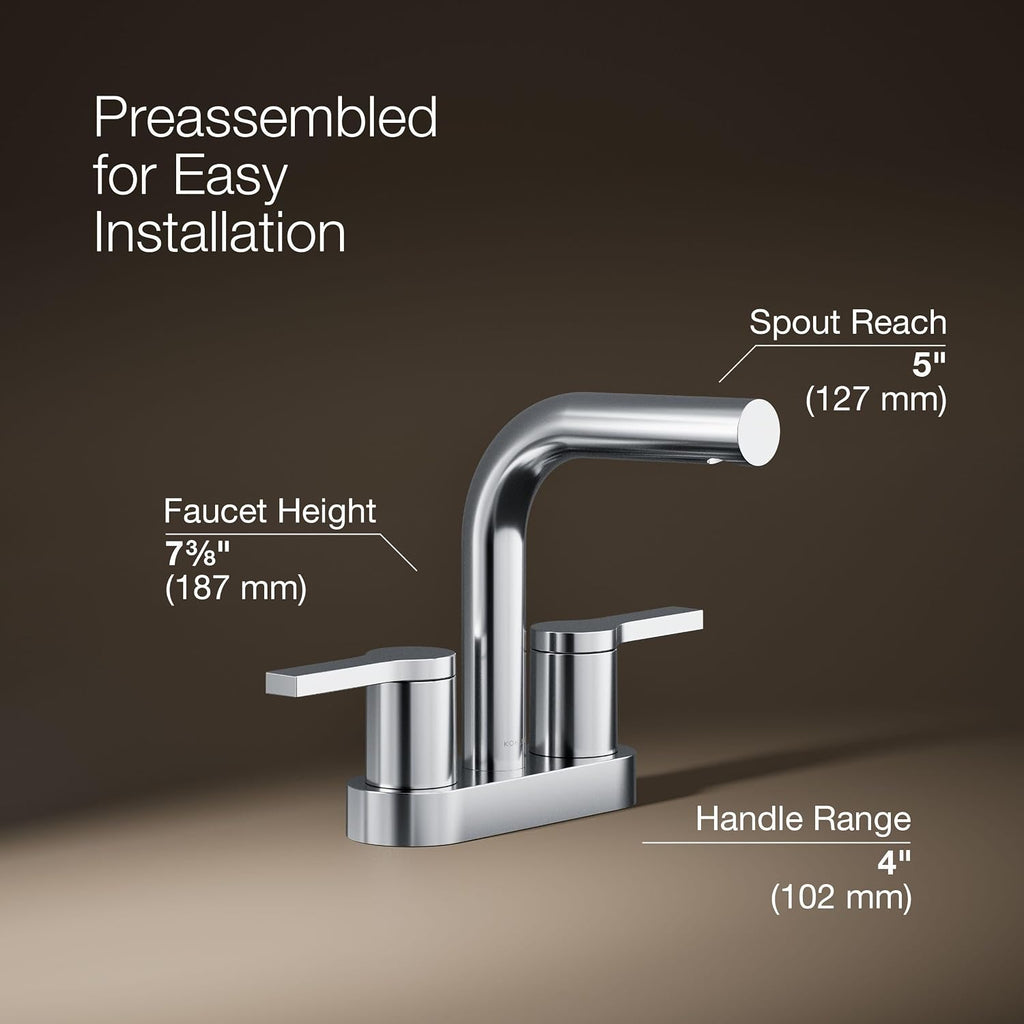 KOHLER K-33591-4N-CP Elate® Centerset Bathroom Sink Faucet, Durable Brass, Contemporary Look, Easy Maintenance, Bathroom Faucets, 0.5 GPM, Polished Chrome