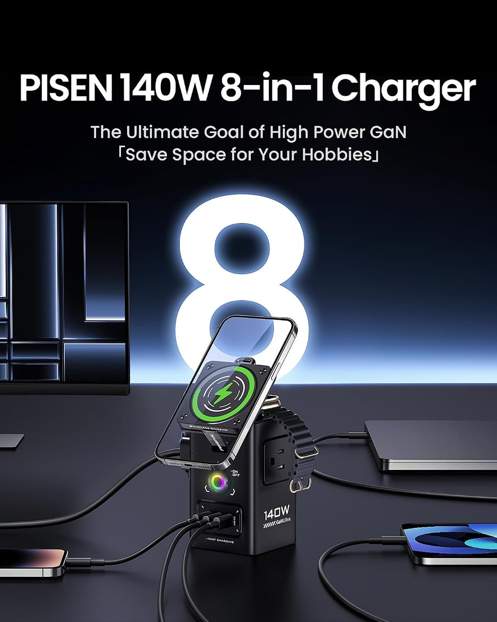 PISEN 8-in-1 Mag-Safe Charger Stand - 140W Charging Station for Multiple Devices Mag-Safe Stand Magnetic Qi2 Wireless Charger for iPhone 17/16/15/14/13/12 Series, Magnetic Charger for Apple Watch
