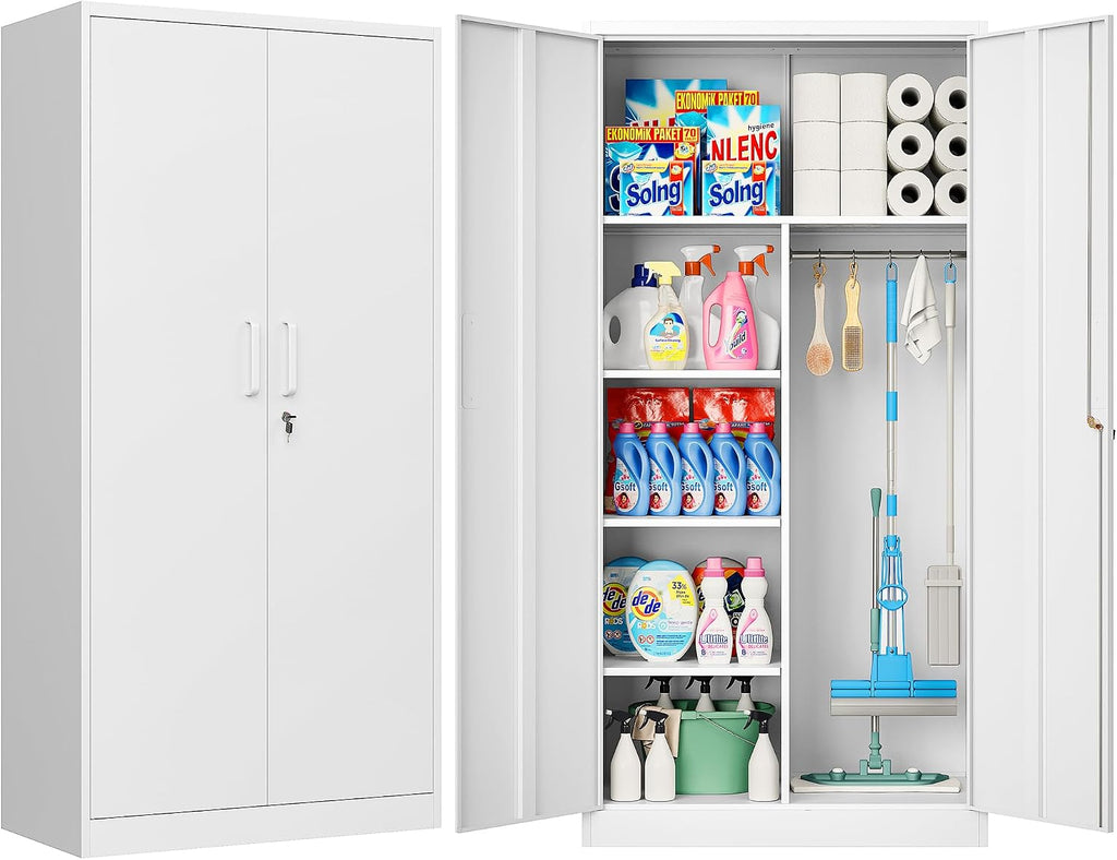 Wide & Deep Metal Storage Cabinet with Hanging Rod,White Broom Closet Storage Cabinet with Lock,72' Tall Wardrobe Cabinets with Doors and Shelves,Locking Steel Tool Cabinets for Home,Office,Garage