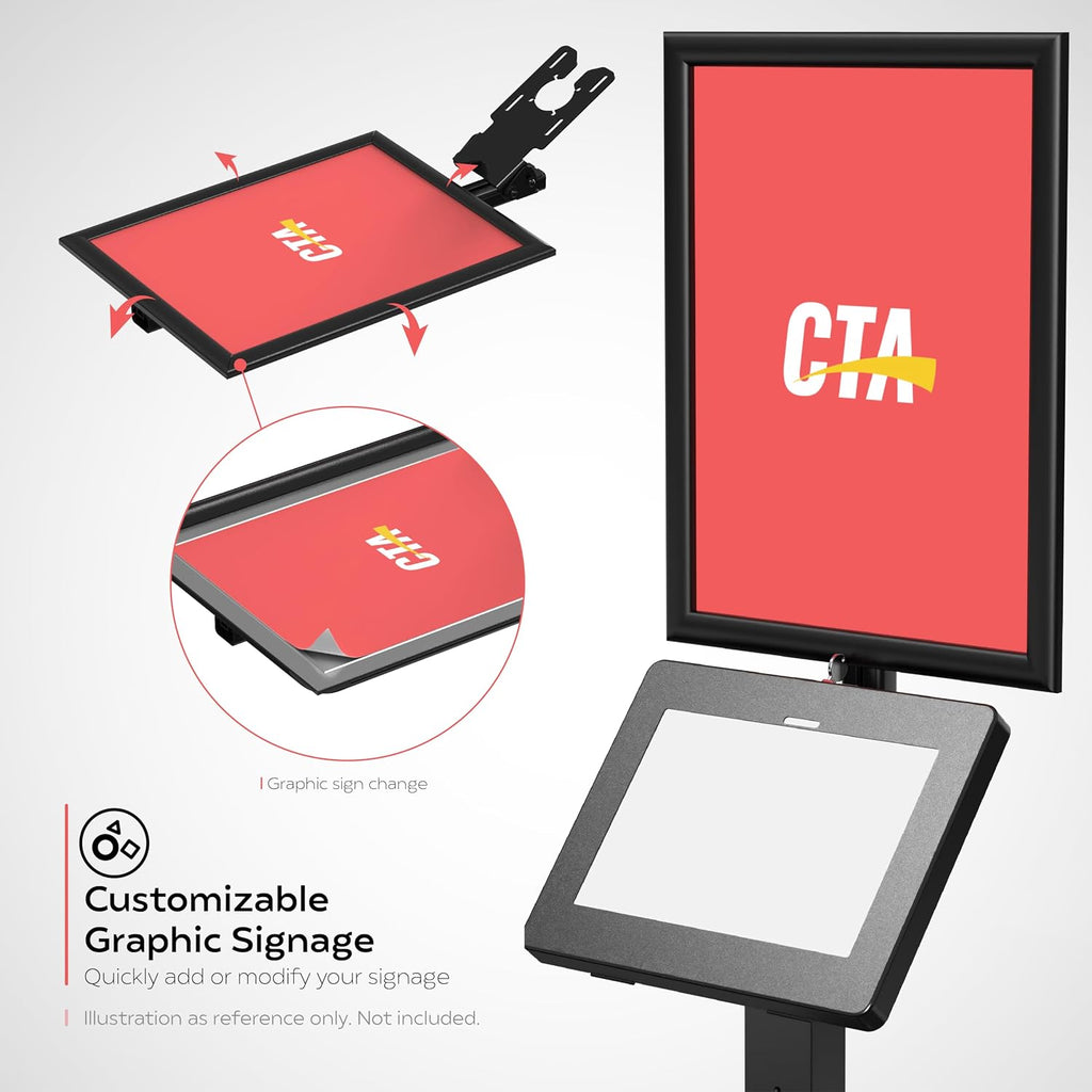 Thin Profile Graphic Sign Floor Stand – CTA Thin Graphic Sign Floor Stand w/Security Enclosure for iPad 10th Gen A16, iPad Air 11' M3 & M2, Pro 11' and More 9.7-11' Tablets - Black (PAD-CHKGRA)