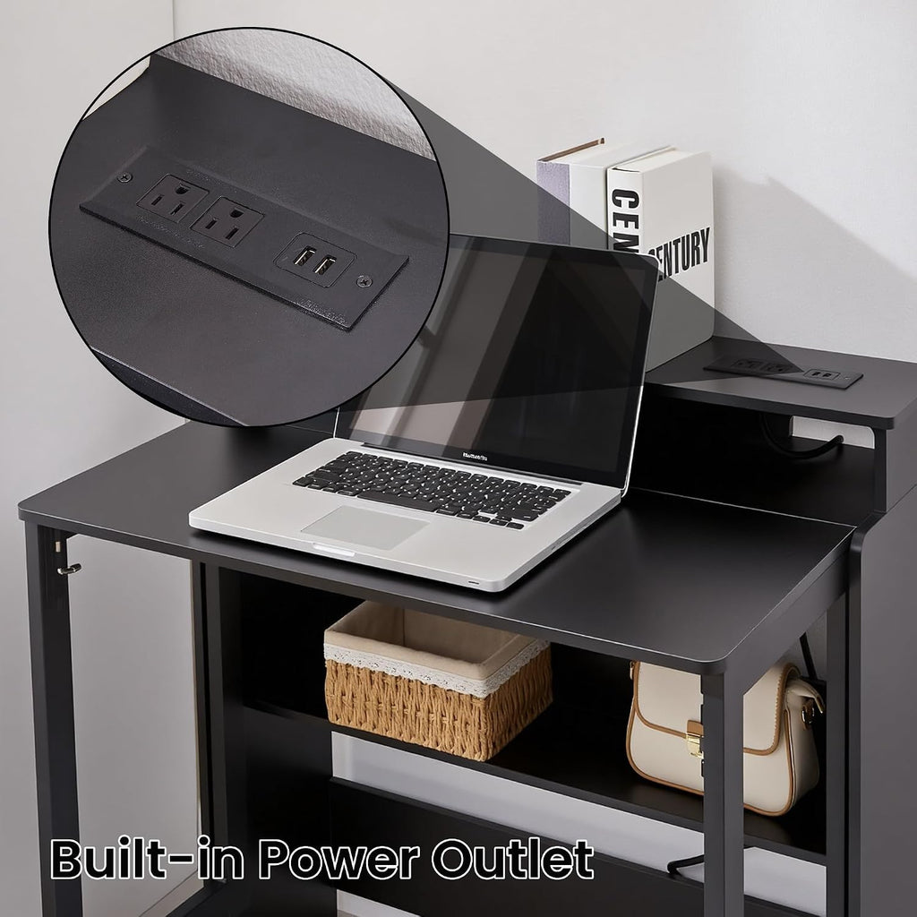 Folding Desk with Charging Station,Fold Out Desk with Monitor Stand,Storage Shelf,Small Foldable Computer Desk for Compact Home Office Spaces (Black)