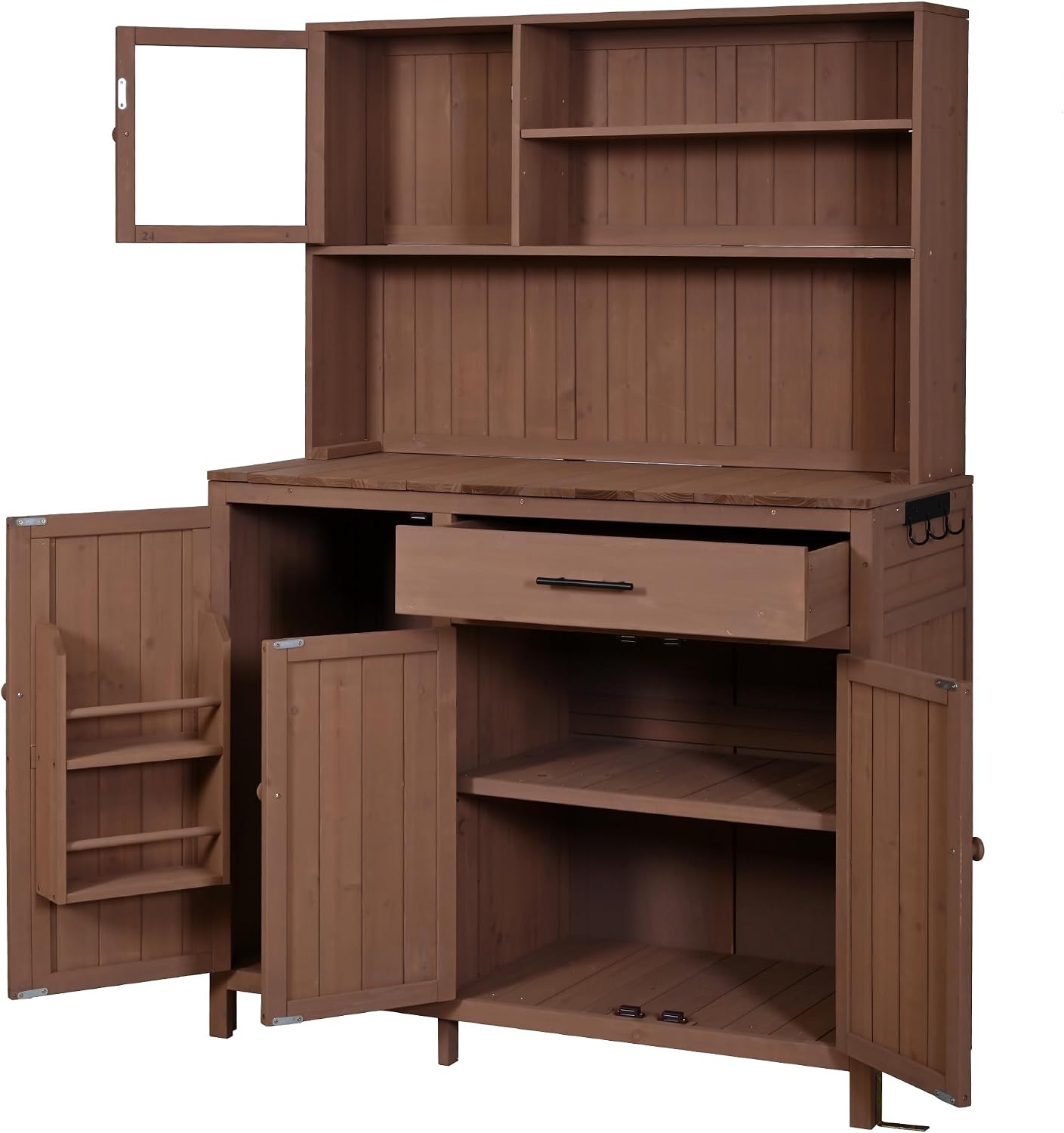 65' H Potting Bench with Hutch, Solid Fir Wood Patio Kitchen Island with Adjustable Shelves, 2-Tier Inner Spice Rack in Door, Side Hook and Drawer, Large Countertop, Magnetic Stoppers (Brown-115)