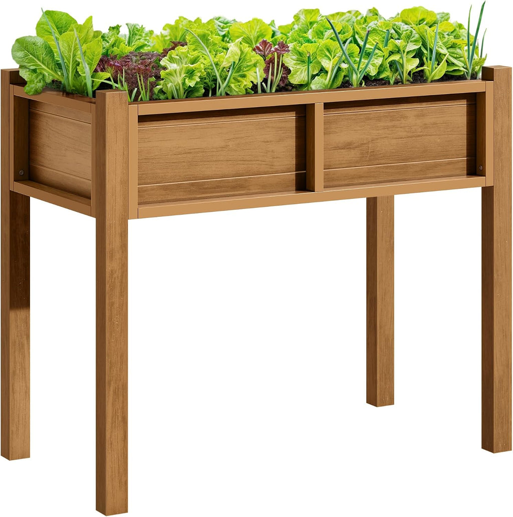 DWVO Raised Garden Bed HDPE with Legs Poly-Wood Weatherproof Elevated Planter Box Outdoor with Drainage System Patio Planters for Herbs Vegetables Flowers Plant Bed for Garden Balcony Backyard, Teak