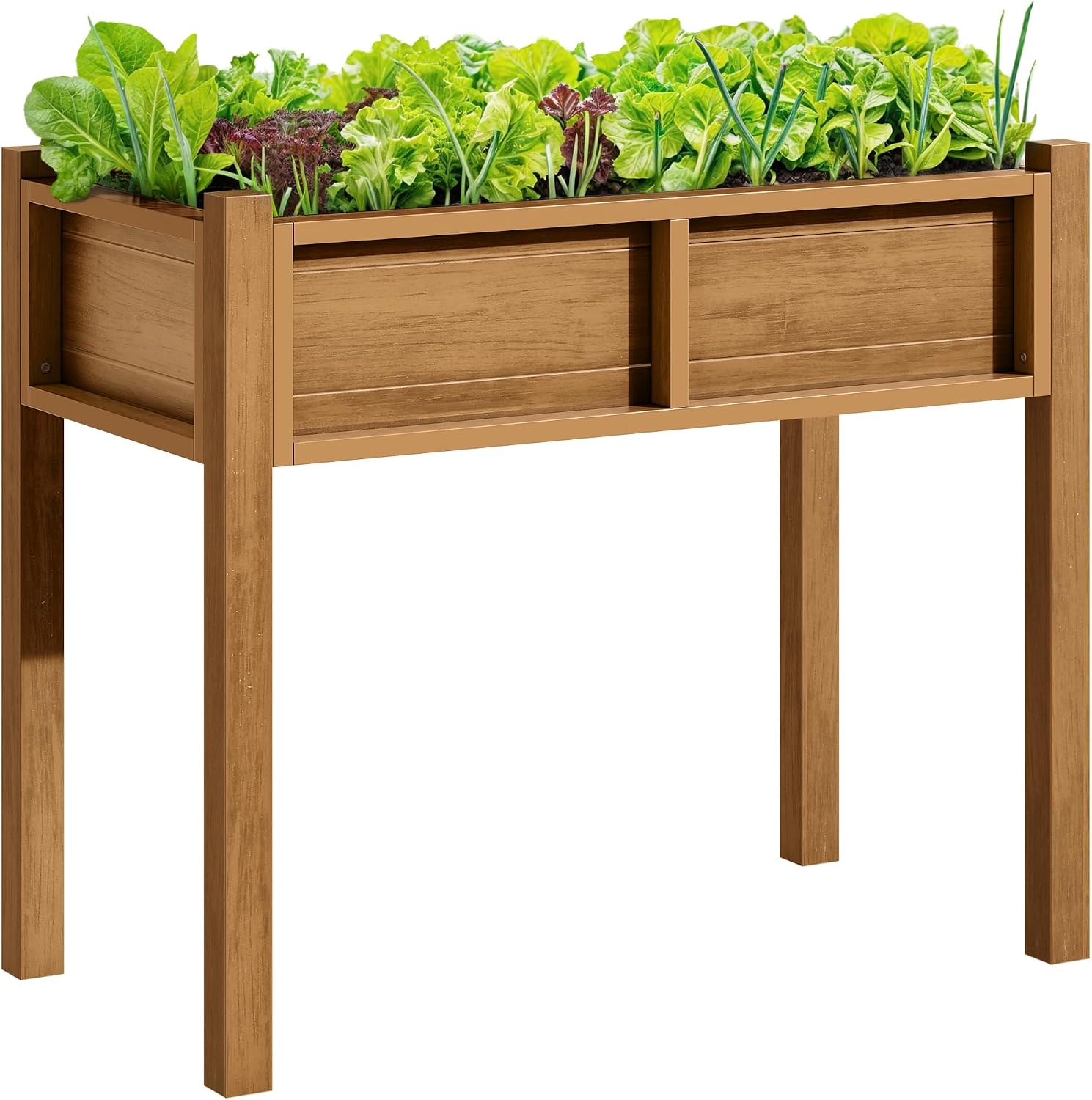 DWVO Raised Garden Bed HDPE with Legs Poly-Wood Weatherproof Elevated Planter Box Outdoor with Drainage System Patio Planters for Herbs Vegetables Flowers Plant Bed for Garden Balcony Backyard, Teak