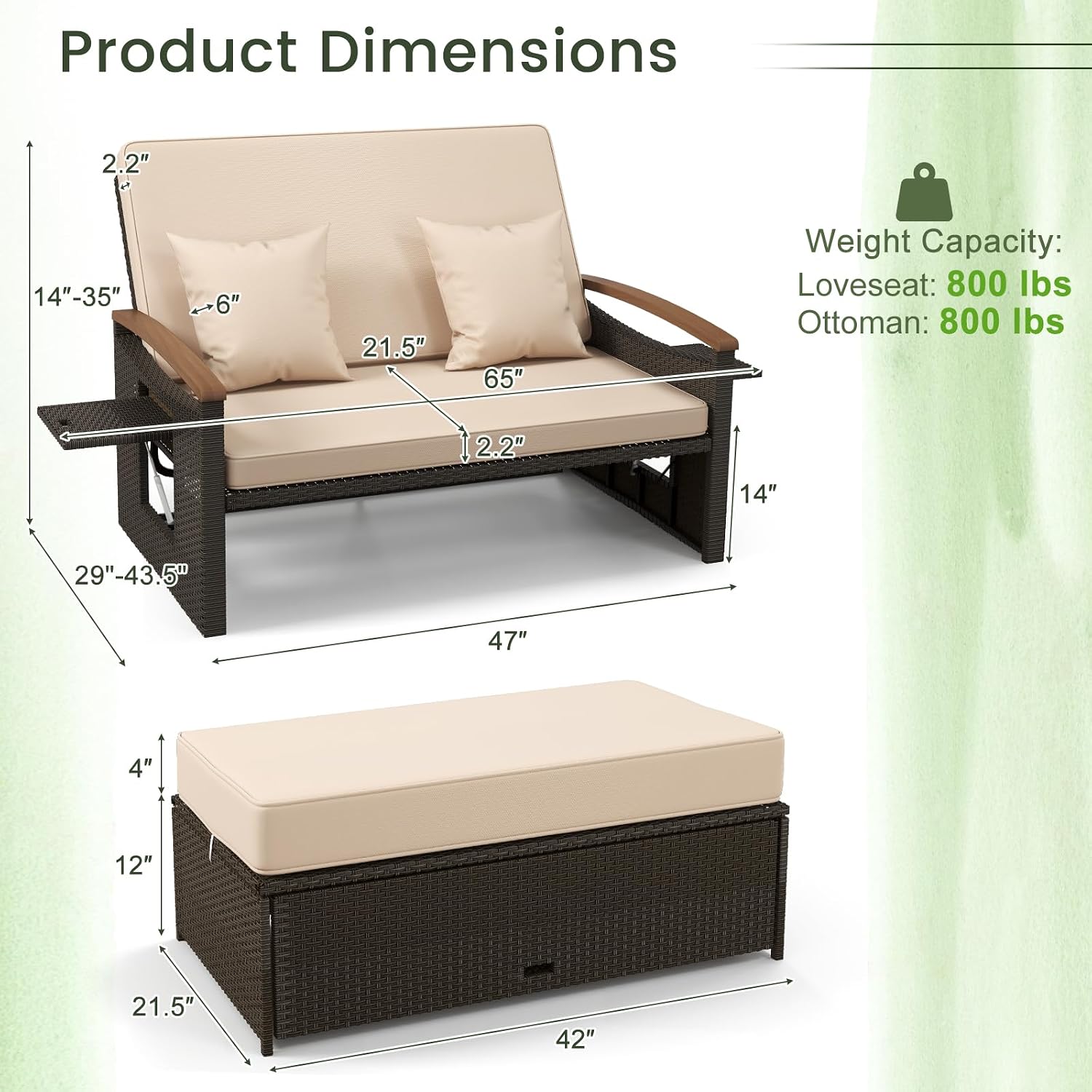 Tangkula Patio Rattan Daybed with 4-Level Adjustable Backrest, Outdoor Wicker Loveseat with Acacia Wood Armrest, Storage Ottoman & Folding Tray, Double Sunbed Lounger for Balcony, Backyard & Poolside