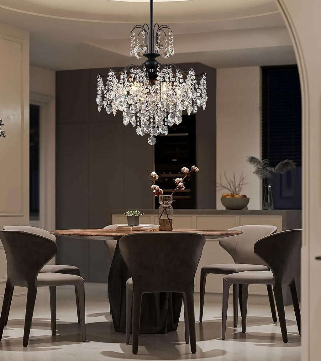 Q&S Crystal Chandelier for Dining Room,Modern Black Crystal Pendant Light,6 Lights for Kitchen Island Entryway Bathroom Office Bar UL Listed