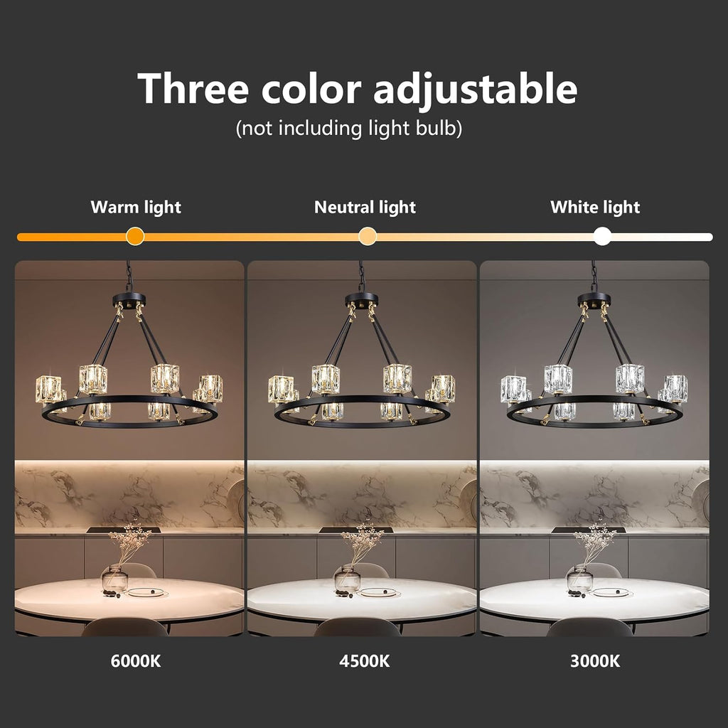 Black Wagon Wheel Chandelier, 8-Light Farmhouse Crystal Chandeleirs with Adjustable Height,Ceiling Hanging Light Fixture Pendant Lights for Living Room,Bedroom,Kitchen Island,Dining Room