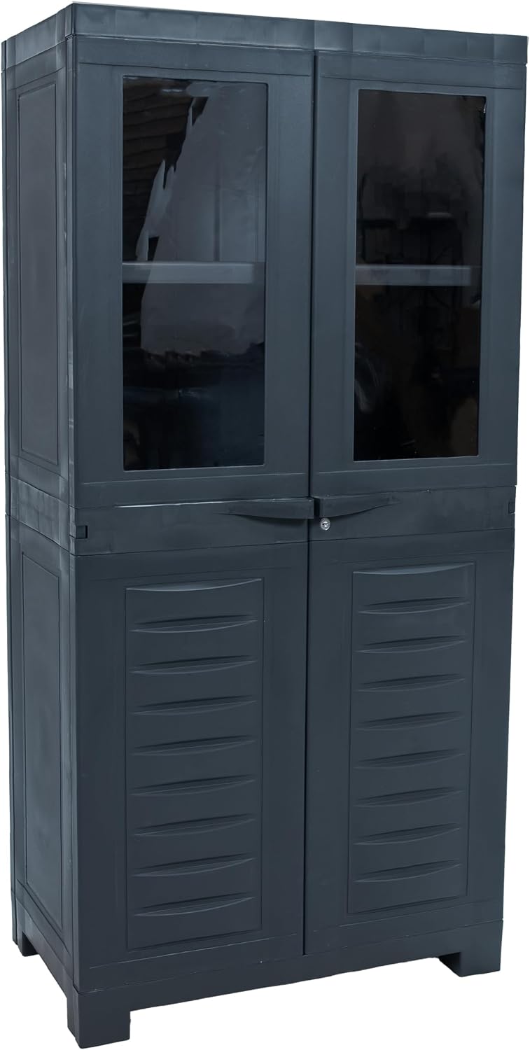 Sunnydaze 48.75' H Resin Garage Storage Cabinet - Garage Cabinet with 2 Acrylic Glass Doors - Freestanding Utility Storage for Laundry Room, Office, Basement - Charcoal
