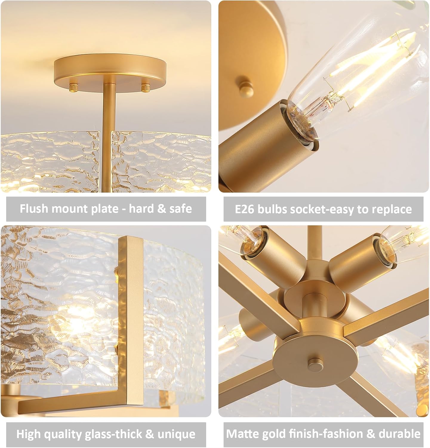 18 inch Large Gold Semi Flush Mount Drum Ceiling Light Fixture, 4-Light Glass Close to Ceiling Lighting Fixtures for Bedroom Hallway Kitchen Foyer Bathroom Closet Entryway Laundry Room