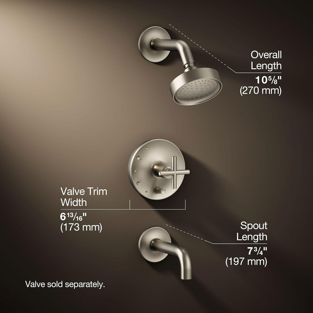 KOHLER Purist® Rite-Temp® pressure-balancing bath and shower faucet trim with push-button diverter, 7-3/4' spout and cross handle, valve not included