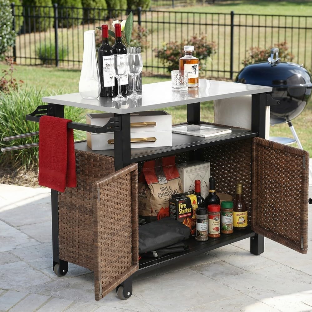 47.2' Grill Cart Outdoor with Wheels, Outdoor Prep Table with Wicker Storage and Rolling Wheels, Kitchen Island Serving Cart with Stainless Steel Table Top for BBQ, Porch, Patio, Brown