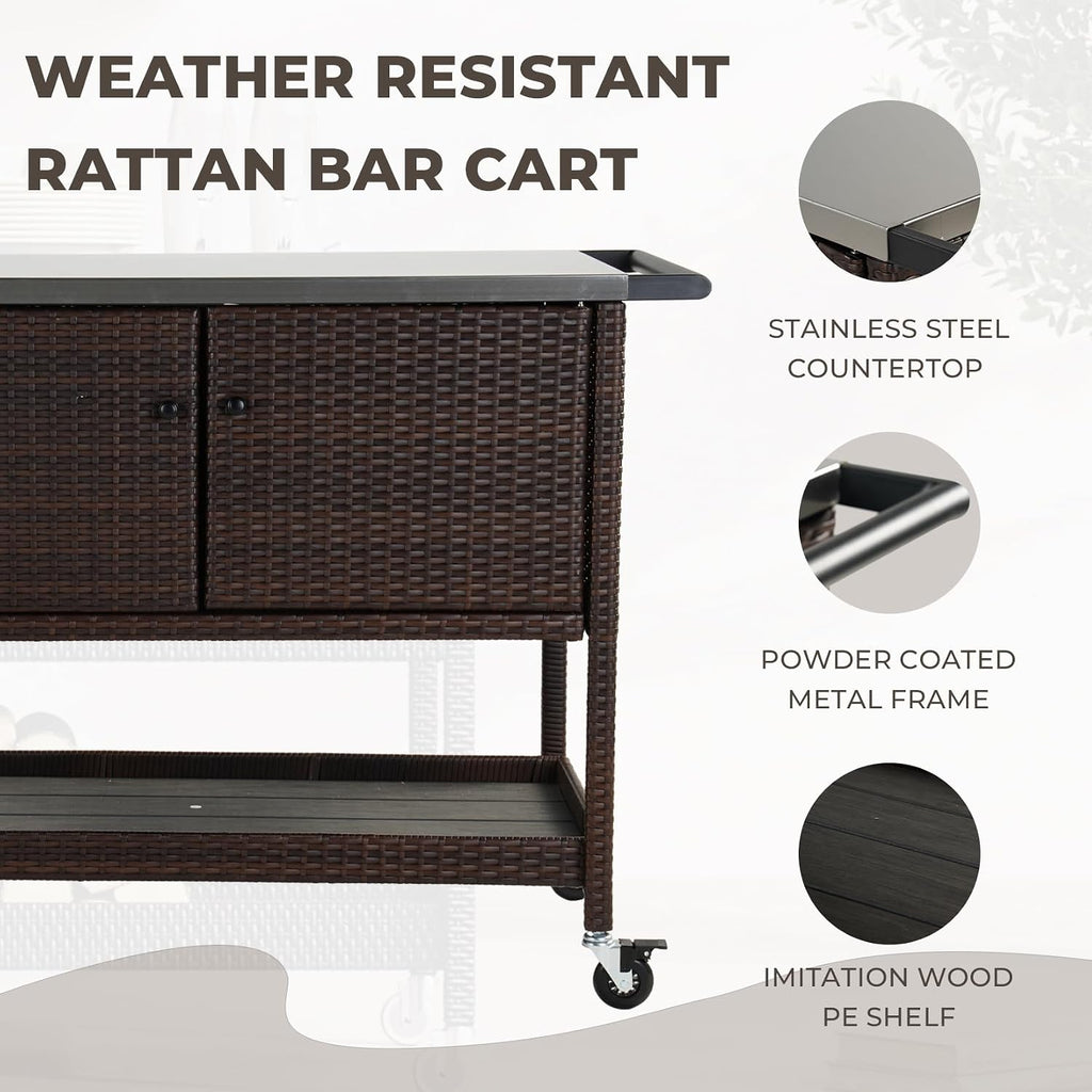 Grand patio Outdoor Bar Cart, Patio Storage Cabinet with Stainless Steel Top & Lockable Wheels, Kitchen Island Table Grill Cart for Outside Backyard Garden, Brown