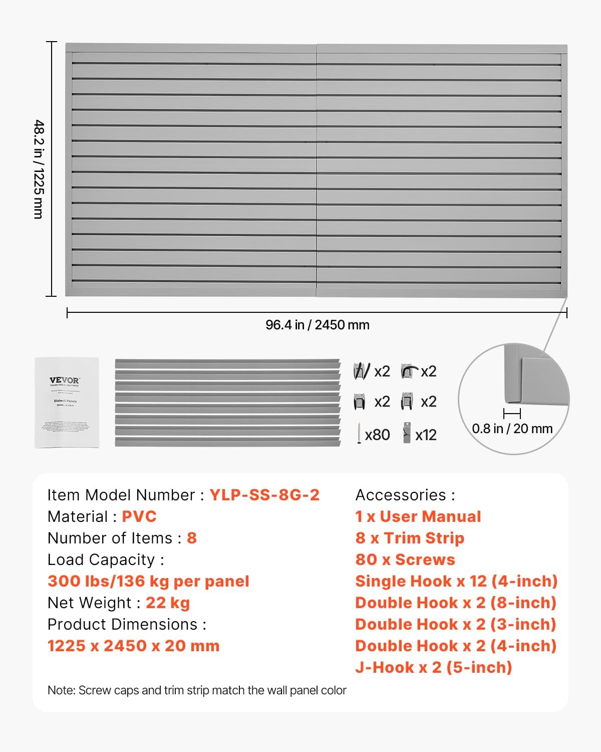 VEVOR Slat Wall Paneling, 8 x 4 ft, PVC Garage Slatwall with Accessories, Grey Slat Wall Easy-to-Install Adjustable Slatwall Panel with Coupling Structure & DIY Cutting, Fits for Storage & Display