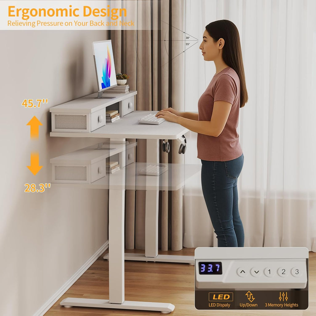 White Electric Standing Desk with Drawers - 40 Inch Small Standing Desk with Shelf Monitor Stand Storage Height Adjustable for Home Office, Study Writing Girls Computer Sit Stand Desks for Bedroom
